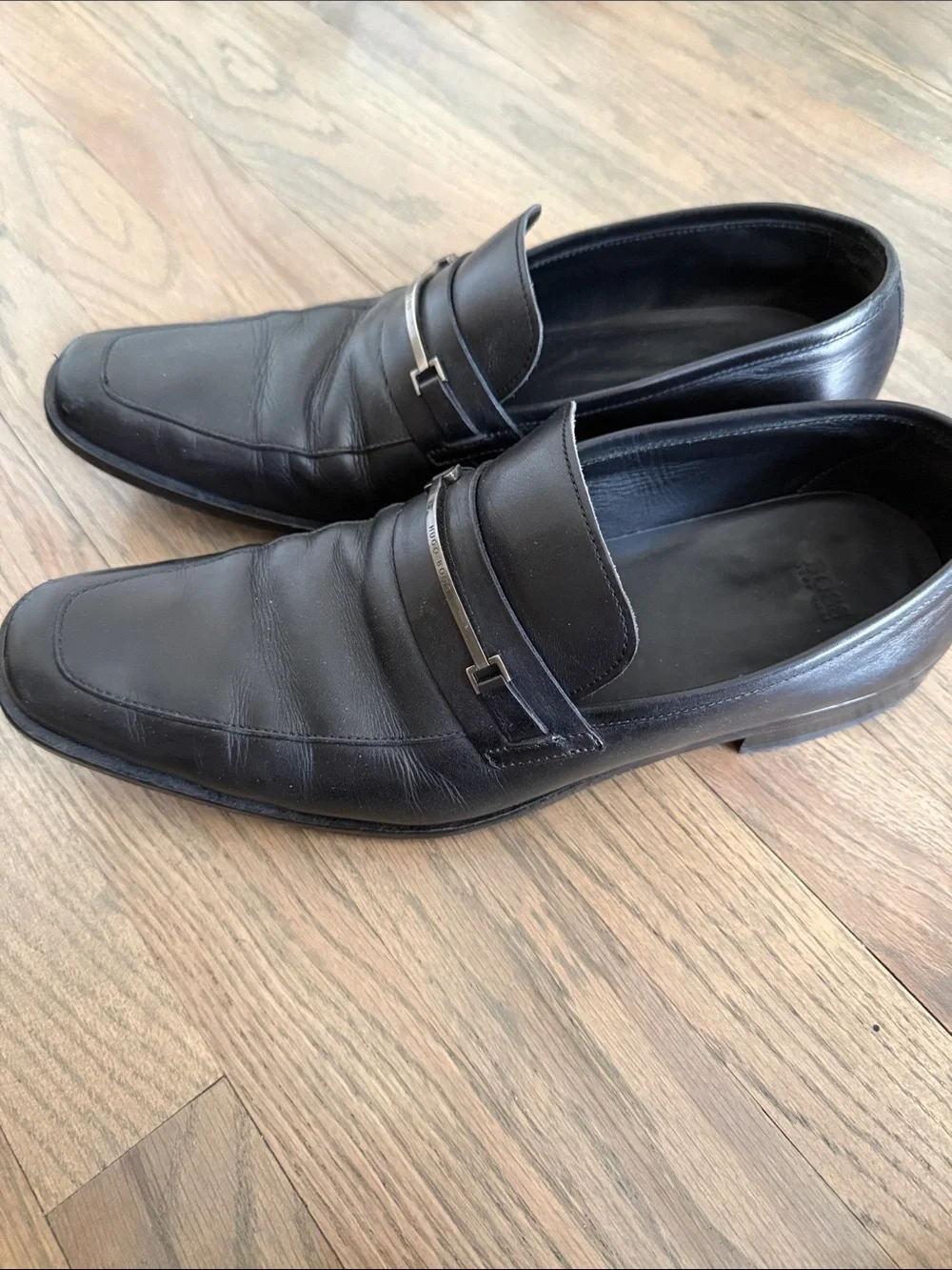 Hugo Boss Black Leather Slip-On Loafers with Silver Bit
